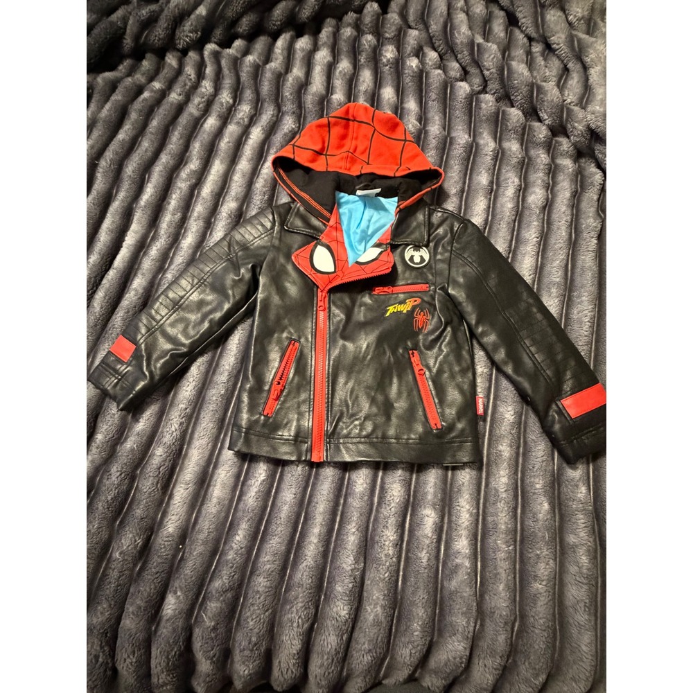 Marvel Disney Spider-Man Kids Faux Leather Biker Jacket Black Red Hooded Size 4